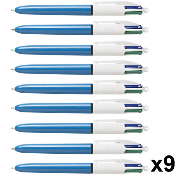 Lot de 9 stylos BIC 4 couleurs pointe moyenne corps bleu