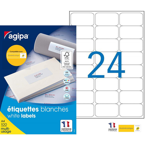 photo-2400 étiquettes - Blanches - 63,5x33,9mm - Agipa 101309 - Copieur, laser, jet d'encre