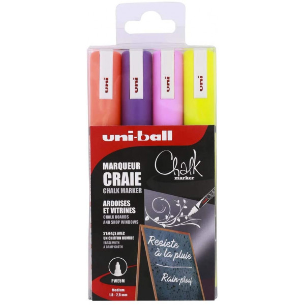 Lot de 4 marqueurs craies Uni Chalk PWE5M pointe conique moyenne assortiment
