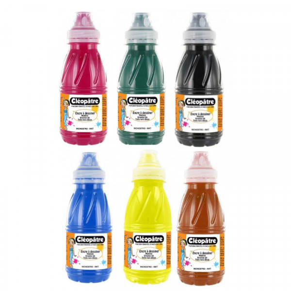 Lot de 6 flacons encre à dessiner Cléopâtre 250 ml assortiment