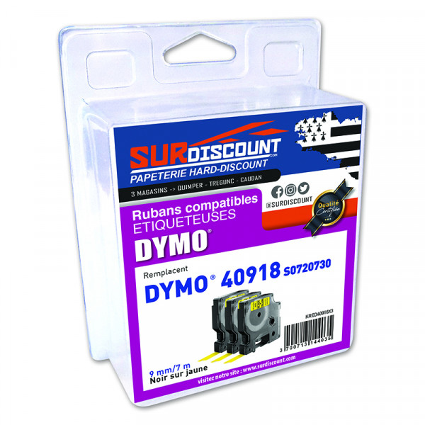 Lot de 3 rubans compatibles pour titreuse Dymo 40918 9mm/7m plastique noir sur blanc