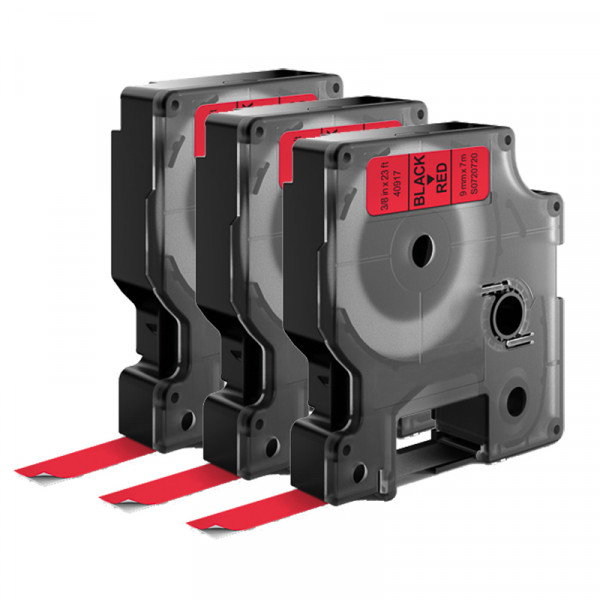Lot de 3 rubans compatibles pour titreuse Dymo 40917 9mm/7m plastique noir sur rouge