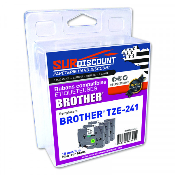 Lot de 3 rubans compatibles pour titreuse Brother TZE-241 18mm/8m plastique noir sur blanc