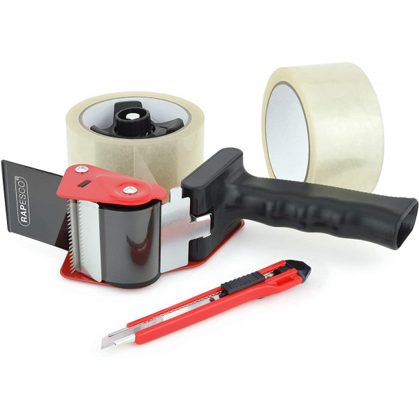 Pack 2 rubans emballage Tesa transparent 66m x 50mm + 1 dévidoir + 1 cutter