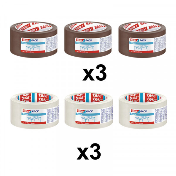Lot de 6 rubans emballage adhésif Tesa 66m x 50mm transparent et havane