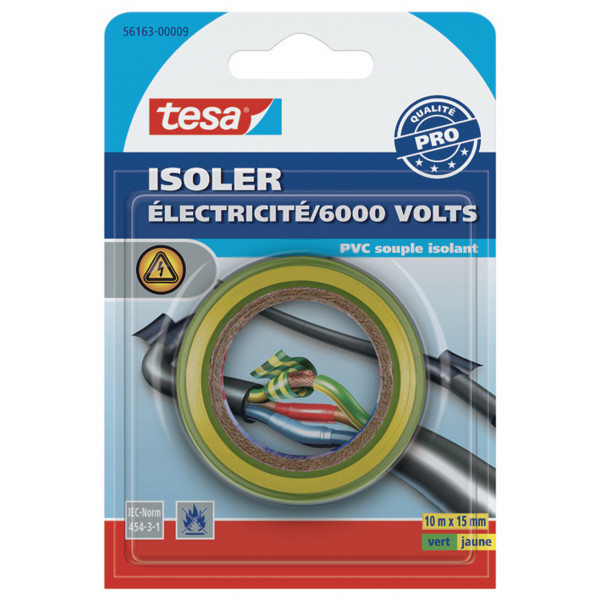 Adhésif isolant électricité Tesa PVC souple isolant vert/jaune 10m x 15mm