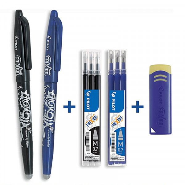 Lot de 2 stylos FriXion Ball pointe moyenne 0.7mm noir bleu Pilot + 2 étuis de 3 recharges + gomme