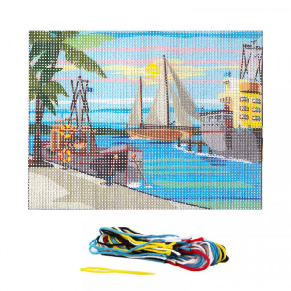 Kit complet canevas 15 x 20 cm motif port de plaisance pêche bateaux