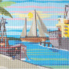 Kit complet canevas 15 x 20 cm motif port de plaisance pêche bateaux