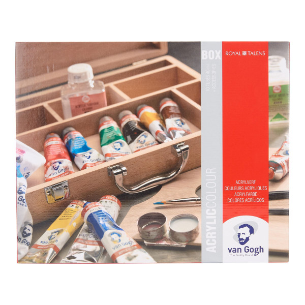 photo-Peinture acrylique - Coffret bois - 10 tubes 40ml + pinceaux + accessoires - Van Gogh