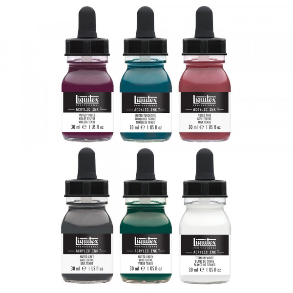 Lot de 6 encres acryliques Liquitex Acrylic Ink 30ml muted collection + blanc