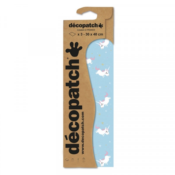 3 feuilles de papier Décopatch 30 x 40 cm motif petites licornes