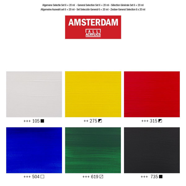 Set de 6 tubes de peinture acrylique Amsterdam 20ml couleurs générales