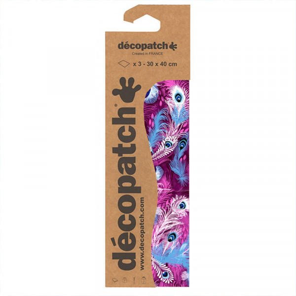 3 feuilles de papier Décopatch 30 x 40 cm motif plumes de paon violet