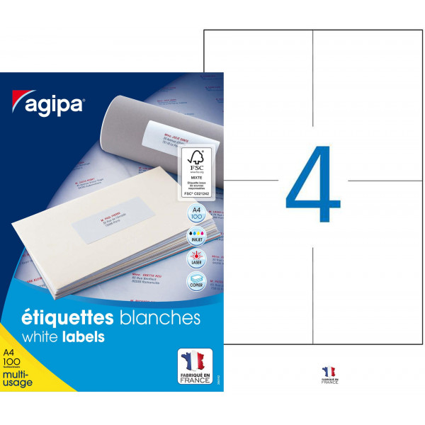 photo-400 étiquettes - Blanches - 105x148,5mm - Agipa 119014 - Copieur, laser, jet d'encre