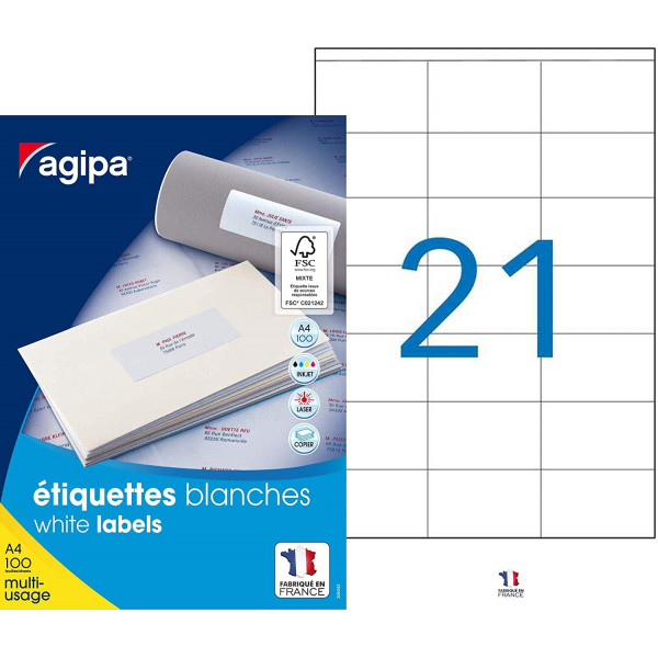 photo-2100 étiquettes - Blanches - 70x42mm - Agipa 119009 - Copieur, laser, jet d'encre