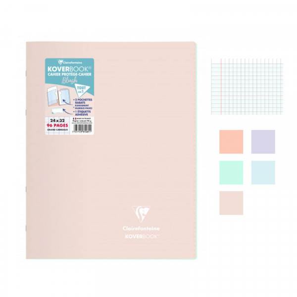 Lot de 5 cahiers - 24x32(cm) - Grands carreaux - 96 pages - couverture en polypro - sans spirale - Clairefontaine - Koverbook