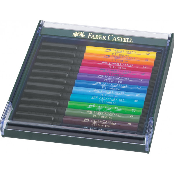 photo-Boîte de 12 feutres à dessin - Pointe pinceau - Couleurs de base - Pitt Artist - Faber-Castell