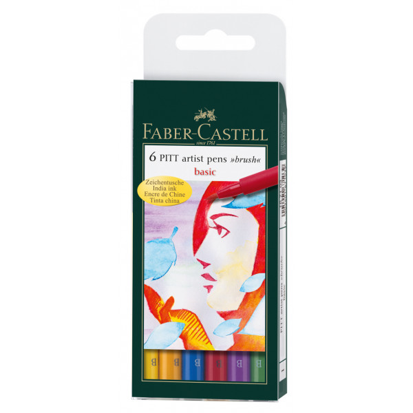 photo-6 feutres à dessin - Pointe pinceau - Couleurs basiques - Pitt Artist - Faber-Castell
