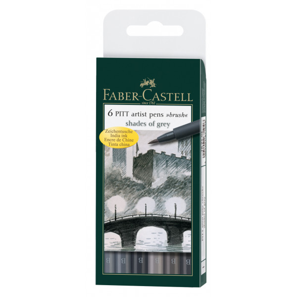 photo-6 feutres à dessin - Pointe pinceau - Assortiment de gris - Pitt Artist - Faber-Castell