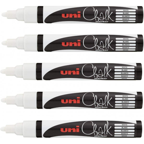 photo-Lot de 5 marqueurs craie Uni chalk marker Uni Ball pointe moyenne blanc