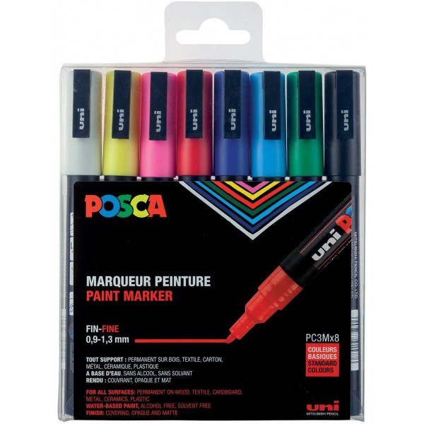 photo-Pochette de 8 marqueurs - Posca - PC3M - Pointe fine conique - Tous supports