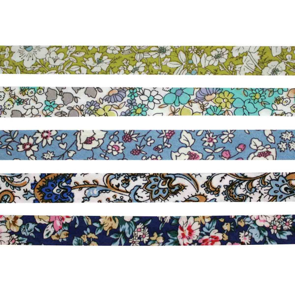 photo-Biais en coton - Finition pour couture - 1cm x 1m - Fleurs bleu vert - 5 pièces