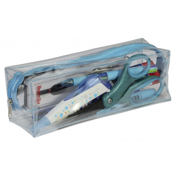Trousse - Scolaire - Rectangulaire - Transparente - Plastique - Bleu - 1 compartiment