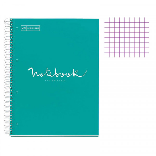 Cahier - A4 (21x29,7cm) - Petits carreaux - 240 pages - couverture en carton turquoise - à spirale - Notebook Miquelrius