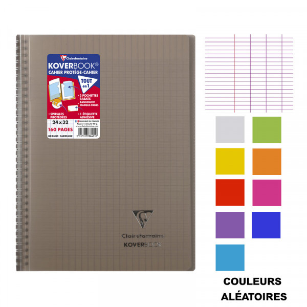 Cahier - A4 (21x29,7cm) - Grands carreaux - 160 pages - couverture en polypro - à spirale - Clairefontaine - Koverbook