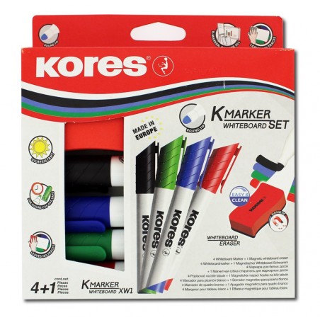 4 marqueurs effaçables à sec - Pointe ogive - 1 éponge pour tableau blanc - Kores