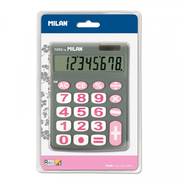 Calculatrice de bureau - 8 chiffres - Rose et gris - Grosses touches - Piles et solaire