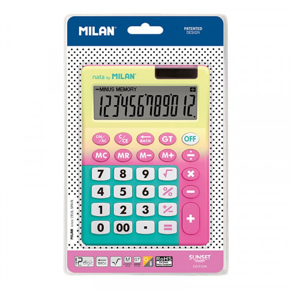 Calculatrice de bureau - 12 chiffres - Piles et solaire - Sunset - Jaune Rose Milan