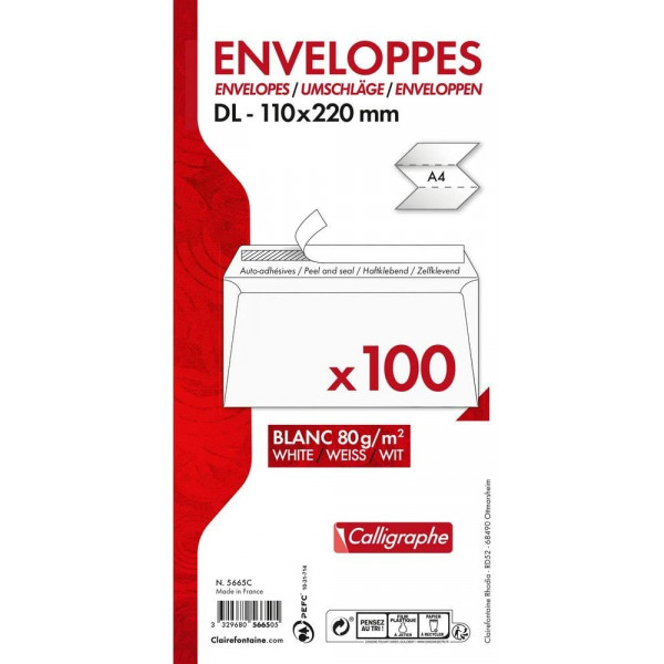 photo-Paquet de 100 enveloppes - Blanches - DL 110x220mm - Auto-adhésive - Clairefontaine
