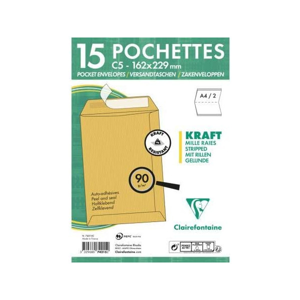 photo-15 enveloppes - Kraft brun - C5 162x229mm - Auto-adhésive - Clairefontaine