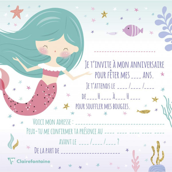 photo-Carton d'invitation et enveloppes - Anniversaire enfant - Sirène - Clairefontaine