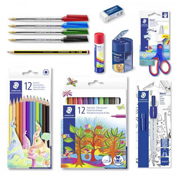 photo-Kit de rentrée des classes - Staedtler - Ciseaux - Crayons - Feutres - Colle - Gomme - Stylos - Compas - Taille-crayon