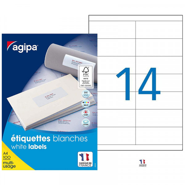 photo-1400 étiquettes - Blanches - 105x39mm - Agipa 119002 - Copieur, laser, jet d'encre