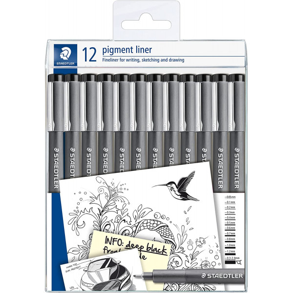 photo-Pochette de 12 feutres fins - Noir - Assortiments de pointes - Pigment Liner - Staedtler