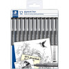 photo-Pochette de 12 feutres fins - Noir - Assortiments de pointes - Pigment Liner - Staedtler