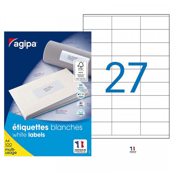 photo-2700 étiquettes - Blanches - 70x31mm - Planche A5 - Agipa 119001 - Copieur, laser, jet d'encre