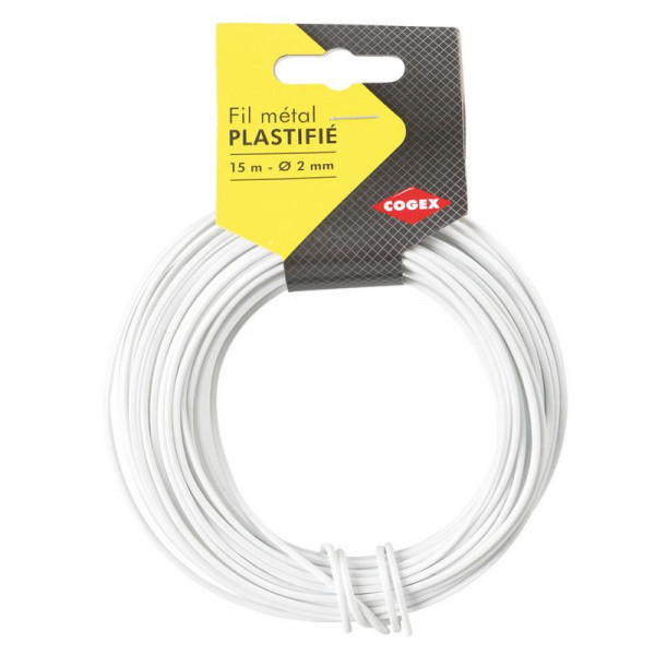 photo-Fil de fer - Blanc - Plastifié - Rouleau de 15m - 2 mm de diamètre - Cogex