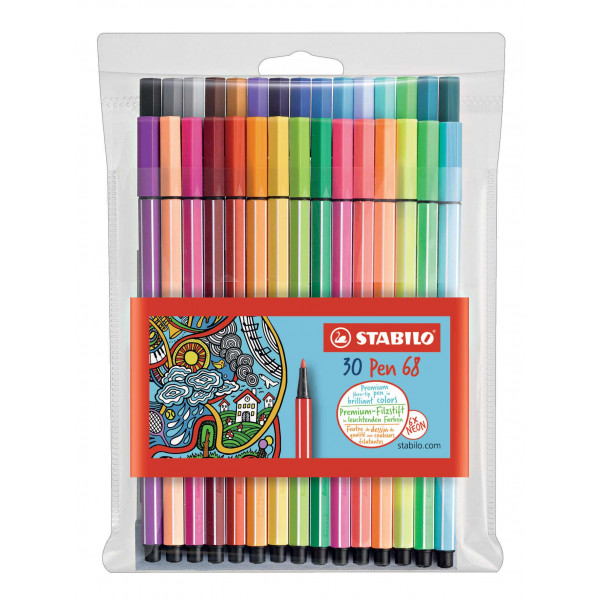 photo-Pochette de 30 feutres de dessin STABILO Pen 68 - pointe moyenne - coloris assortis dont 6 fluo