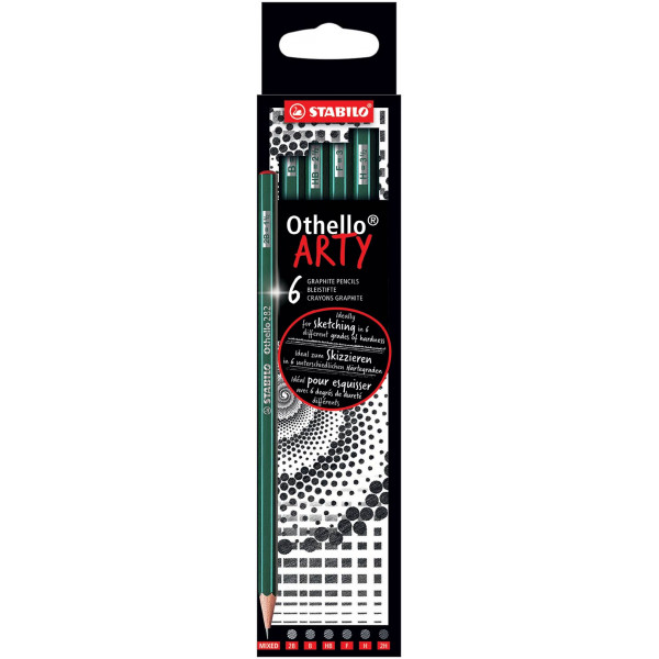 photo-Etui carton de 6 crayons graphite STABILO Othello ARTY assortiment de mines dures et tendres (2B, B, HB, F, H, 2H)