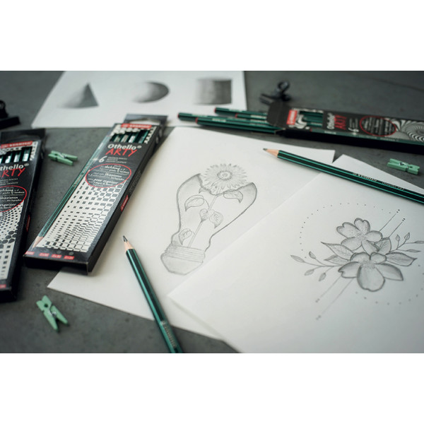 Etui carton de 6 crayons graphite STABILO Othello ARTY assortiment de mines dures et tendres (2B, B, HB, F, H, 2H)