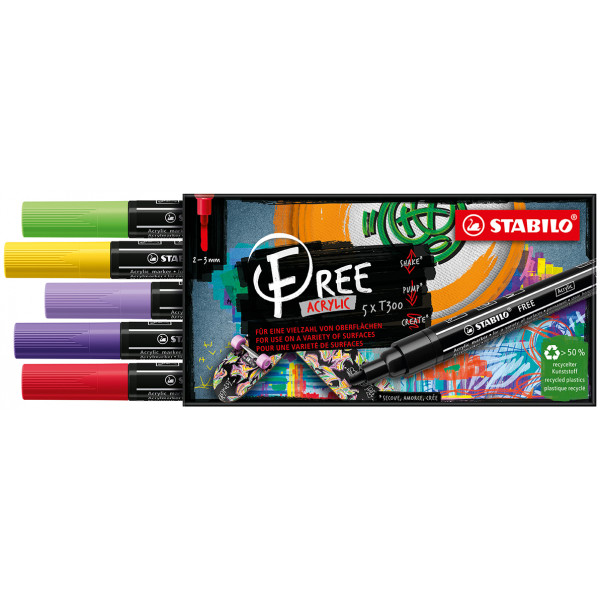 photo-Etui carton de 5 marqueurs STABILO FREE acrylic T300 - pointe moyenne - Set Vibrant
