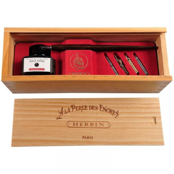 photo-Coffret - Calligraphie - Plumier en bois - Encre de Chine - Herbin - La Perle des Encres