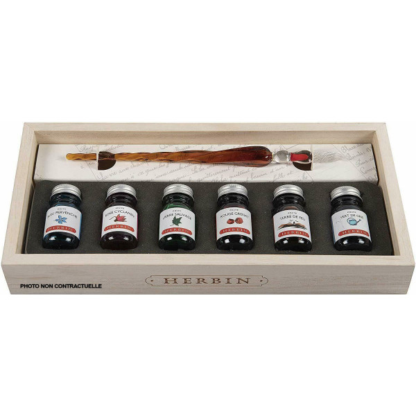 photo-Coffret - 6 encres calligraphie - Plume en verre - Carnet - Herbin