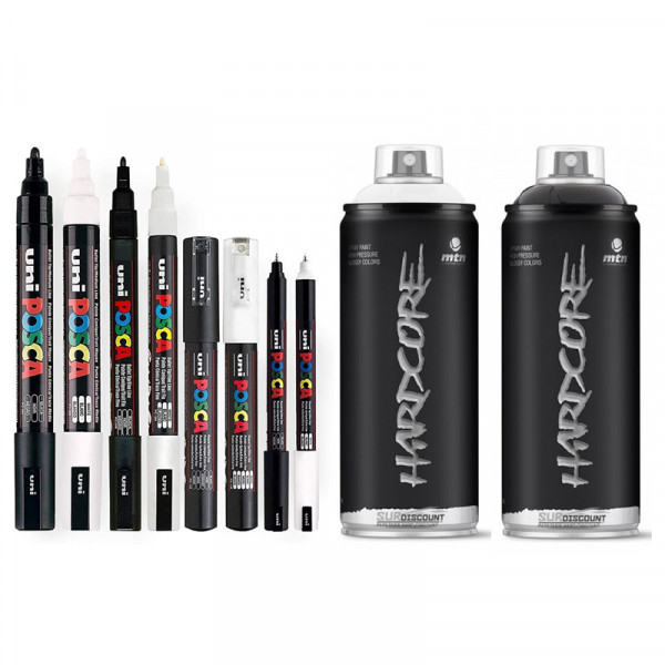photo-8 marqueurs POSCA - PC5M - P1CM - PC1MR - PC3M - 2 bombes Hardcore - Noir Blanc