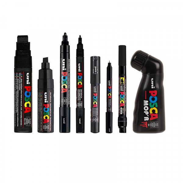 PHOTO-8 marqueurs POSCA - Noir - Assortiment de mines - PC1M PC17K PC1MR PC5M PC8K PCF150 PC3M MOP'R